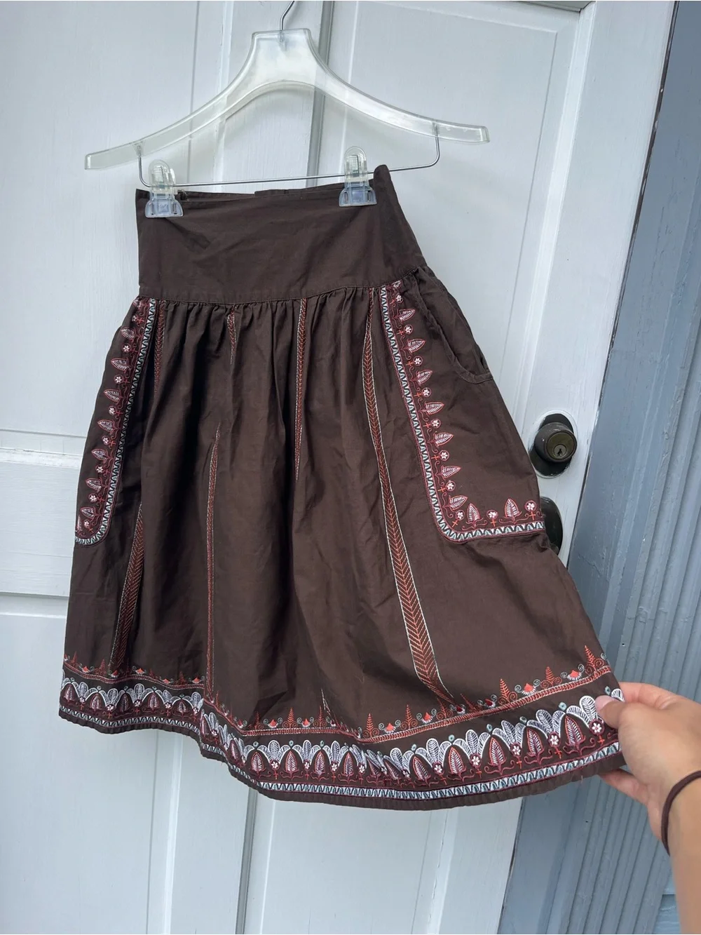 Handmade Embroidered Brown Cotton A-Line Skirt